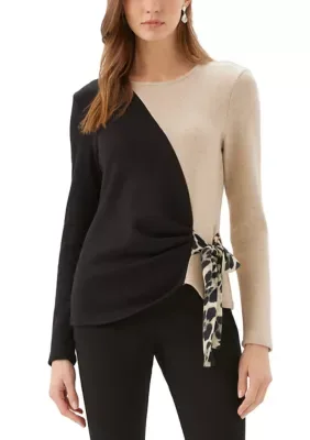 Long Sleeve Colorblock Satin Bow Top by Karen Kane