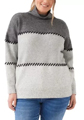 Contrast Stitch Mock Neck Colorblock Sweater by Karen Kane