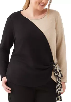 Long Sleeve Colorblock Satin Bow Top by Karen Kane