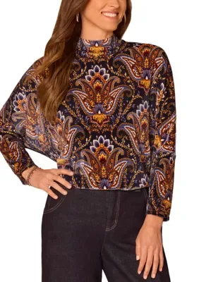Long Batwing Sleeve Mock Neck Paisley Print Top by Democracy
