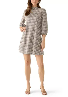 3/4 Sleeve Plaid Mock Neck Boucle A-Line Dress by Robbie Bee