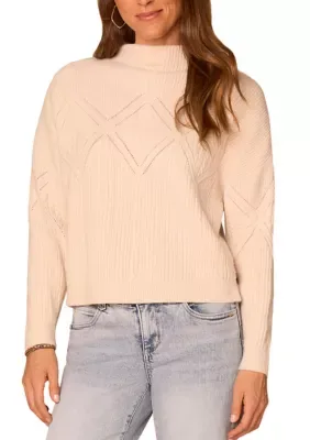 Long Sleeve Mock Neck Argyle Cable Mix Knit Sweater