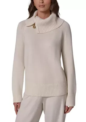 Long Sleeve Turtleneck with Zip Detail Sweater by Donna Karan New York