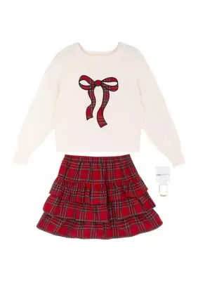 Bow Sweater and Tiered Plaid Skort Set by Tween Diva