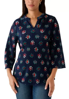Split Neck Plissé Print Top by Kim Rogers