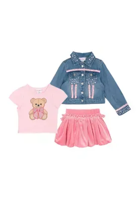 Short Sleeve Bear Graphic T-Shirt and Skirt Set with Denim Jacket by Rare Editions