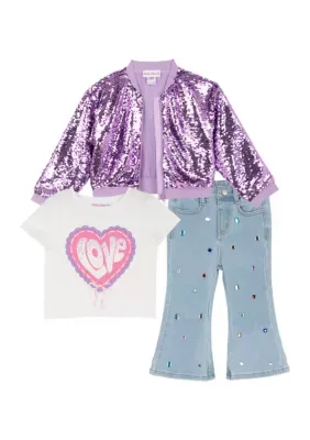 Short Sleeve Graphic T-Shirt and Jeans Set with Sequin Bomber Jacket by Rare Editions