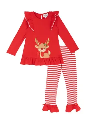 Long Sleeve Reindeer Shirt and Striped Pants Set by Rare Editions