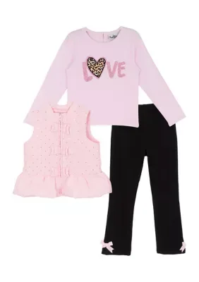 Long Sleeve Love Graphic Shirt and Pants Set with Vest by Rare Editions