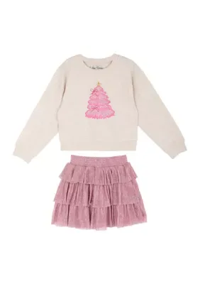 Long Sleeve Christmas Tree Graphic Shirt and Tiered Skirt Set by Rare Editions