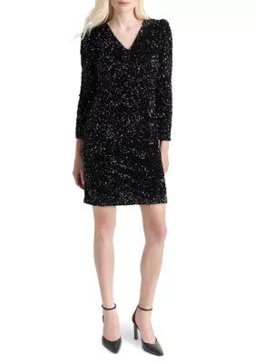 Long Sleeve Solid Sequin Shift Dress