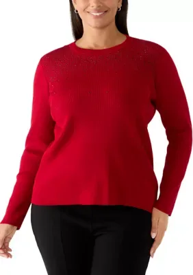 Crew Neck Embellished Sweater by Anne Klein