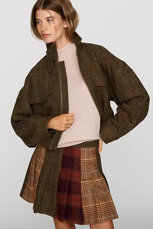 Wool Blend Mixed Pleated Mini Skirt