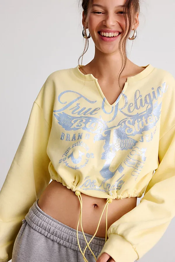True Religion Glitter Graphic Notch V-Neck Pullover Top by True Religion