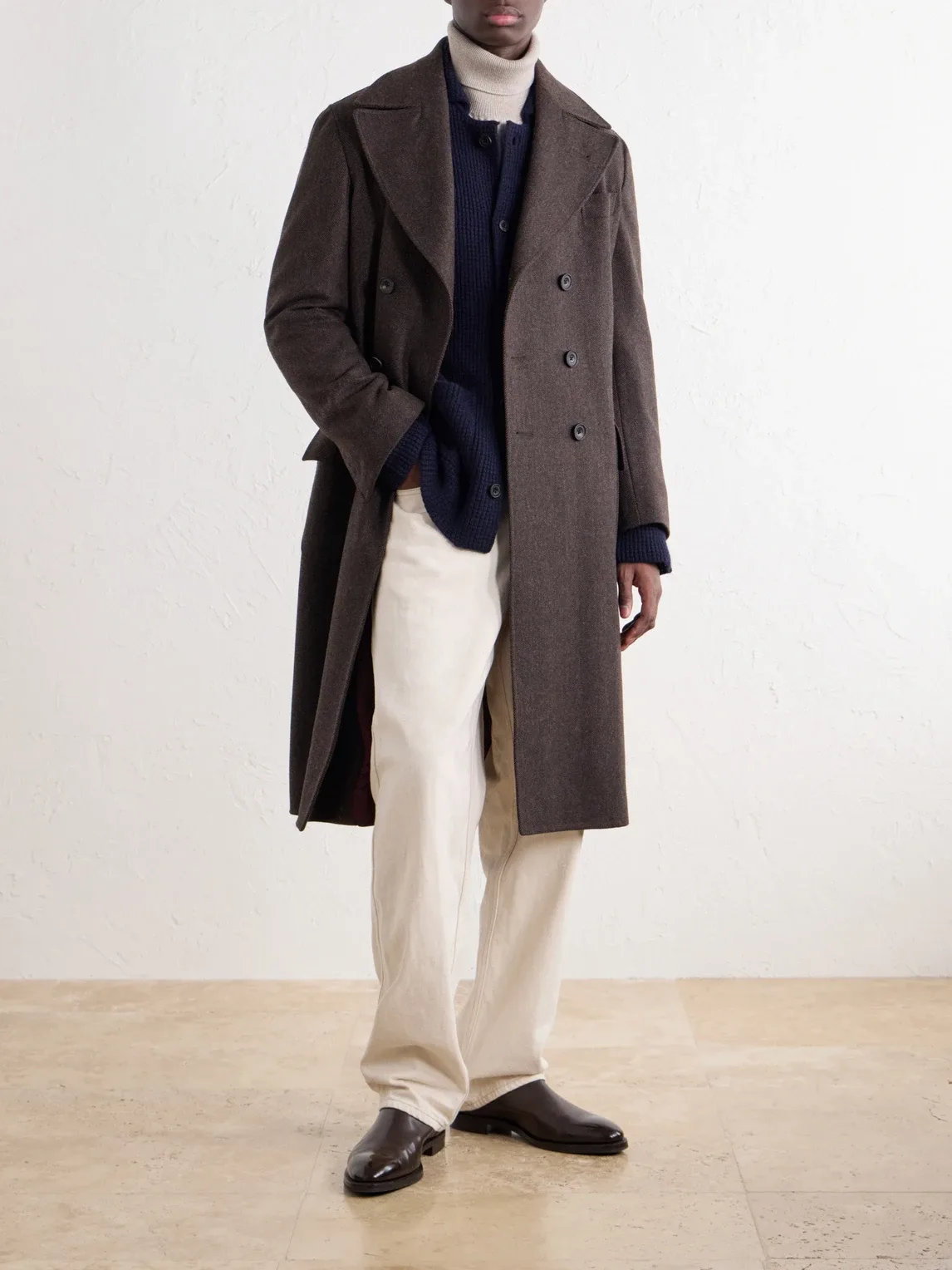 Double-Breasted Herringbone Virgin Wool Twill Coat