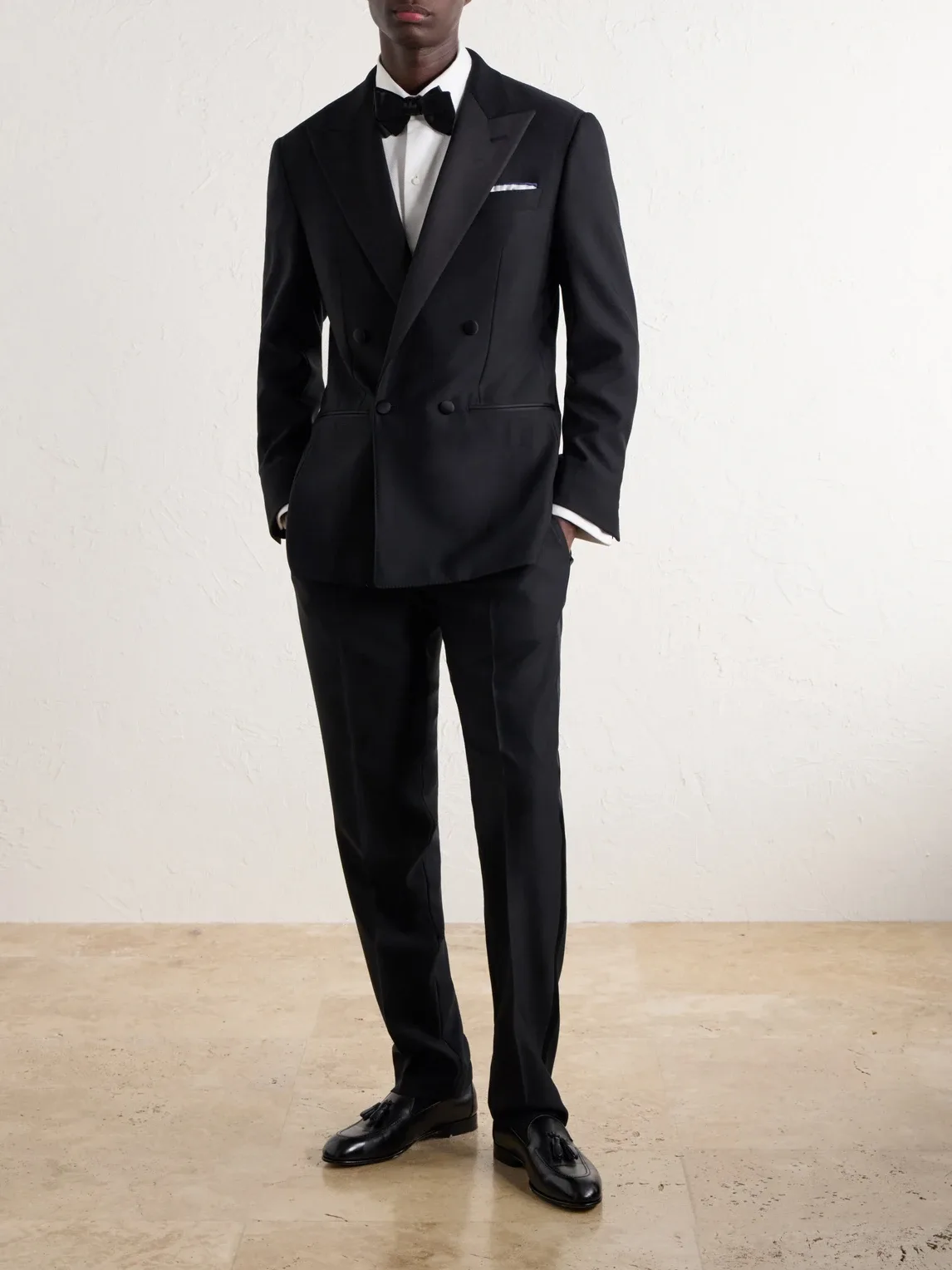 Double-Breasted Satin-Trimmed Wool-Fresco Suit Jacket