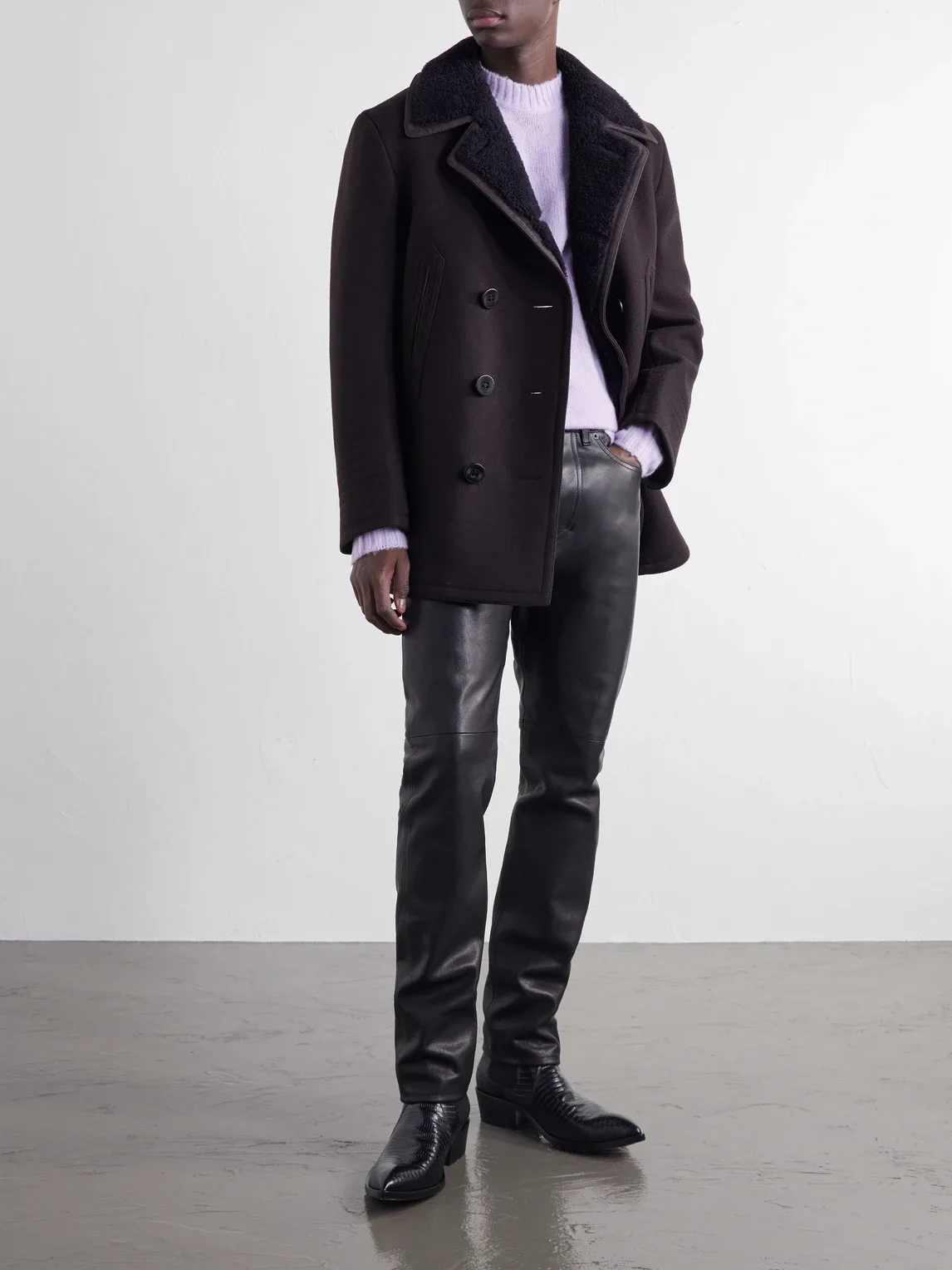 Shearling and Leather-Trimmed Woven Wool-Blend Coat