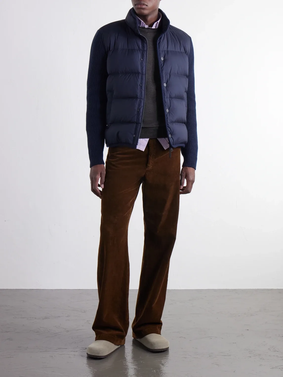 Ribbed Wool and Quilted Shell Down Jacket