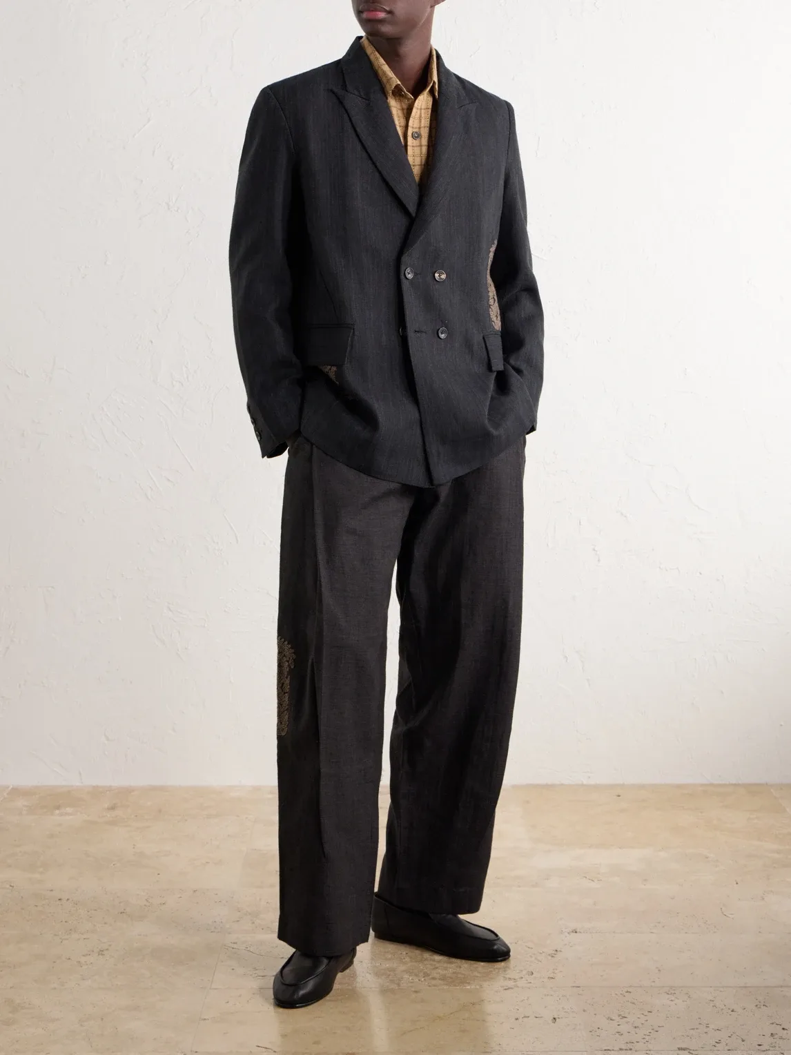 Double-Breasted Embroidered Handwoven Linen and Wool-Blend Suit Jacket
