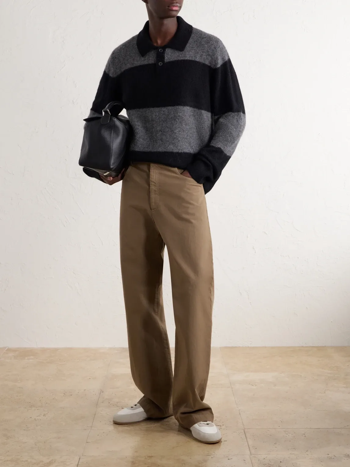Striped Woven Brushed Alpaca-Blend Polo Sweater