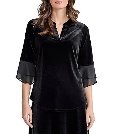 34 Sleeve Split Neck Velvet Top