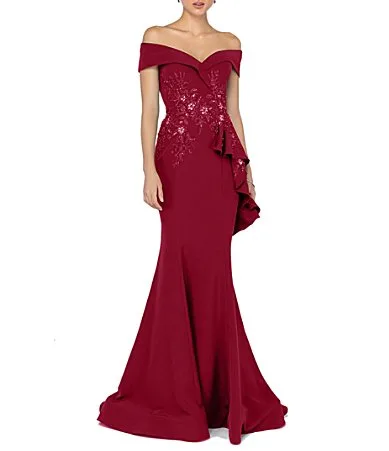 Off-the-Shoulder Short Sleeve Peplum Beaded Applique Mermaid Gown