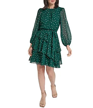 Souffle Chiffon Foil Dotted Shirred Crew Neck Blouson Tiered Ruffle Dress by Jessica Howard