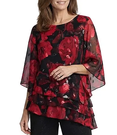 Floral Print 34 Sleeve Asymmetrical Hem Chiffon Burnout Blouse by Alex Evenings