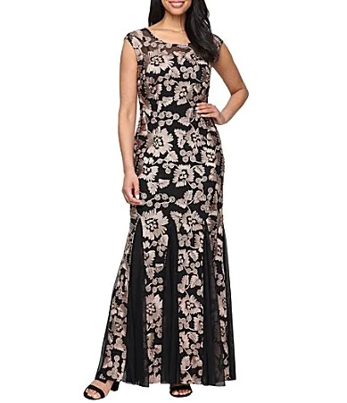 Mesh Illusion Neckline Godet Gown by Alex Evenings