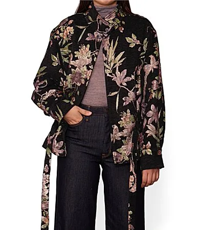 Lurex Floral Jacquard Straight Collar Long Sleeve Tie Waist Jacket by Melloday