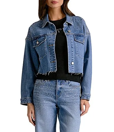 Woven Denim Point Collar Long Sleeve Frayed Hem Jacket by Elan