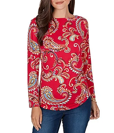 Sueded Stretch Knit Whimsical Paisley V-Neck Long Sleeve Side Ruched Top by Ruby Rd