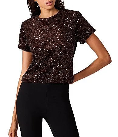 Cressa Velvet Sequin Crew Neck Short Sleeve Top by Steve Madden