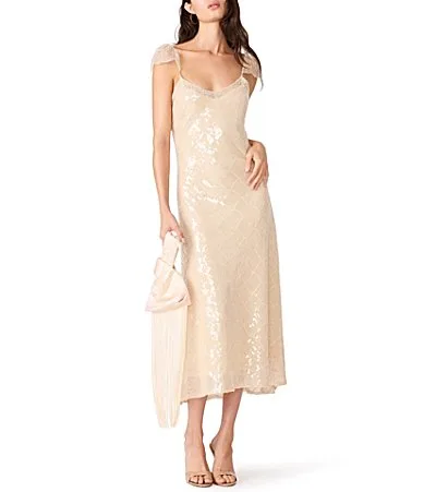 Stefania Diamond Sequin Mesh Sweetheart Neck Cap Sleeve Midi Dress by Steve Madden