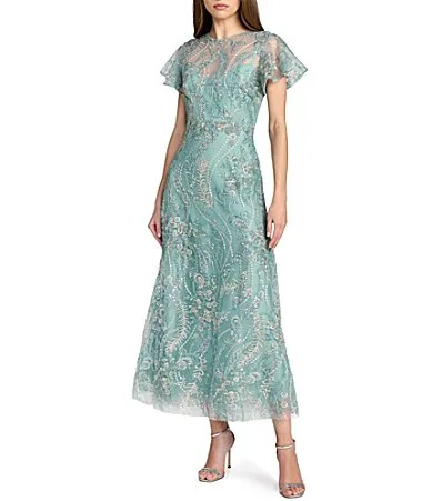 Mac Duggal Floral Embroidered Flutter Sleeve Ankle Dress by M.A.C.