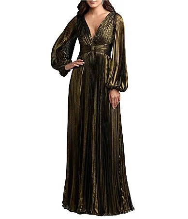 Mac Duggal Pleated Shimmer Chiffon Long Sleeve V-Neck Gown by M.A.C.