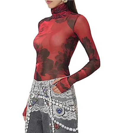 Zadie Holiday Rose Printed Mock Neck Long Sleeve Mesh Top by Afrm