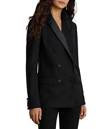 Crepe Satin-Trim Double-Breasted Peak Lapel Long Sleeve Tuxedo Wool Blazer by Ralph Lauren