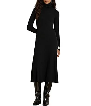 Ribbed Knit Turtle Neck Long Sleeve Midi Length Fit-And-Fare Dress by Ralph Lauren