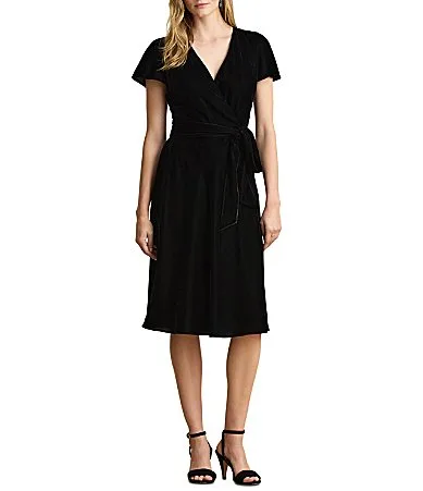 Velvet V-Neck Short Sleeves Self Belt A-Line Dress