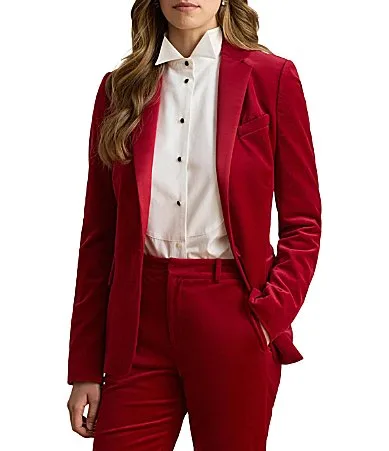 Satin-Trim Stretch Velvet Notch Lapel Long Sleeve Blazer by Ralph Lauren