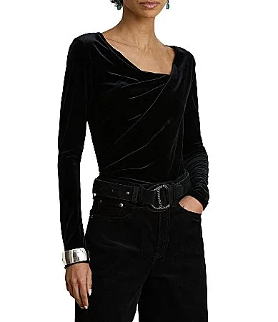 Lauren Ralph Lauren Knit Velvet Pleated Front Asymmetric Neck Long Sleeve Top by Ralph Lauren