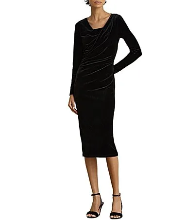 Lauren Ralph Lauren Knit Velvet Pleated Front Draped Neck Long Sleeve Sheath Dress by Ralph Lauren