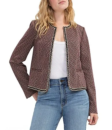 Knit Jacquard Foulard Print Collarless Long Sleeve Open Front Jacket by Liverpool Los Angeles