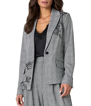 Woven Glen Plaid Floral Print Notch Collar Long Sleeve Jacket by Liverpool Los Angeles