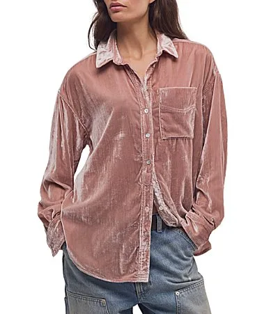 We the Free Lexi Collared Long Sleeve Velvet Button Down Shirt by Free People