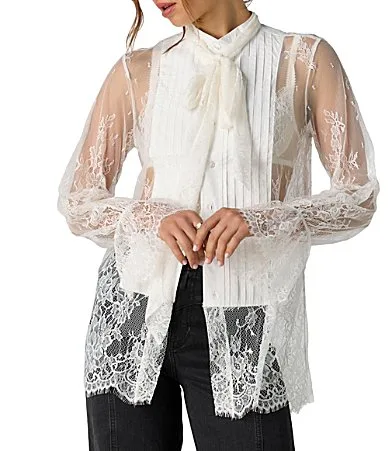 Bali Ophelia Neck Tie Collared Long Sleeve Button Front Lace Tuxedo Top