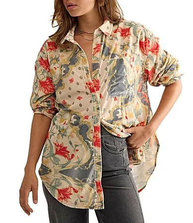 Alexi Printed Velvet Collared Long Sleeve Button-Down Top by Free People