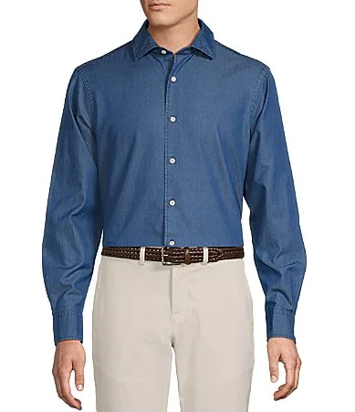 Solid Albini Denim Long Sleeve Woven Shirt by Cremieux