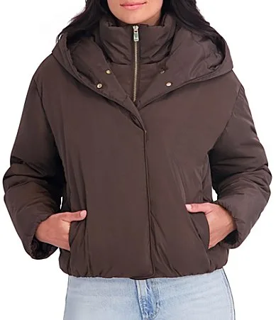 Memory Fabric Hooded Funnel Collar Puffer Bomber Style Jacket by Kensie